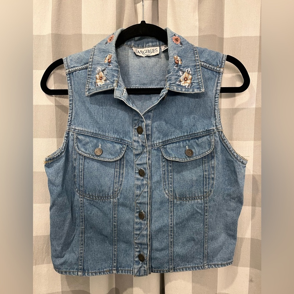 Vintage 90s 00s Tangibles Blue Denim Vest with Floral Embroidery